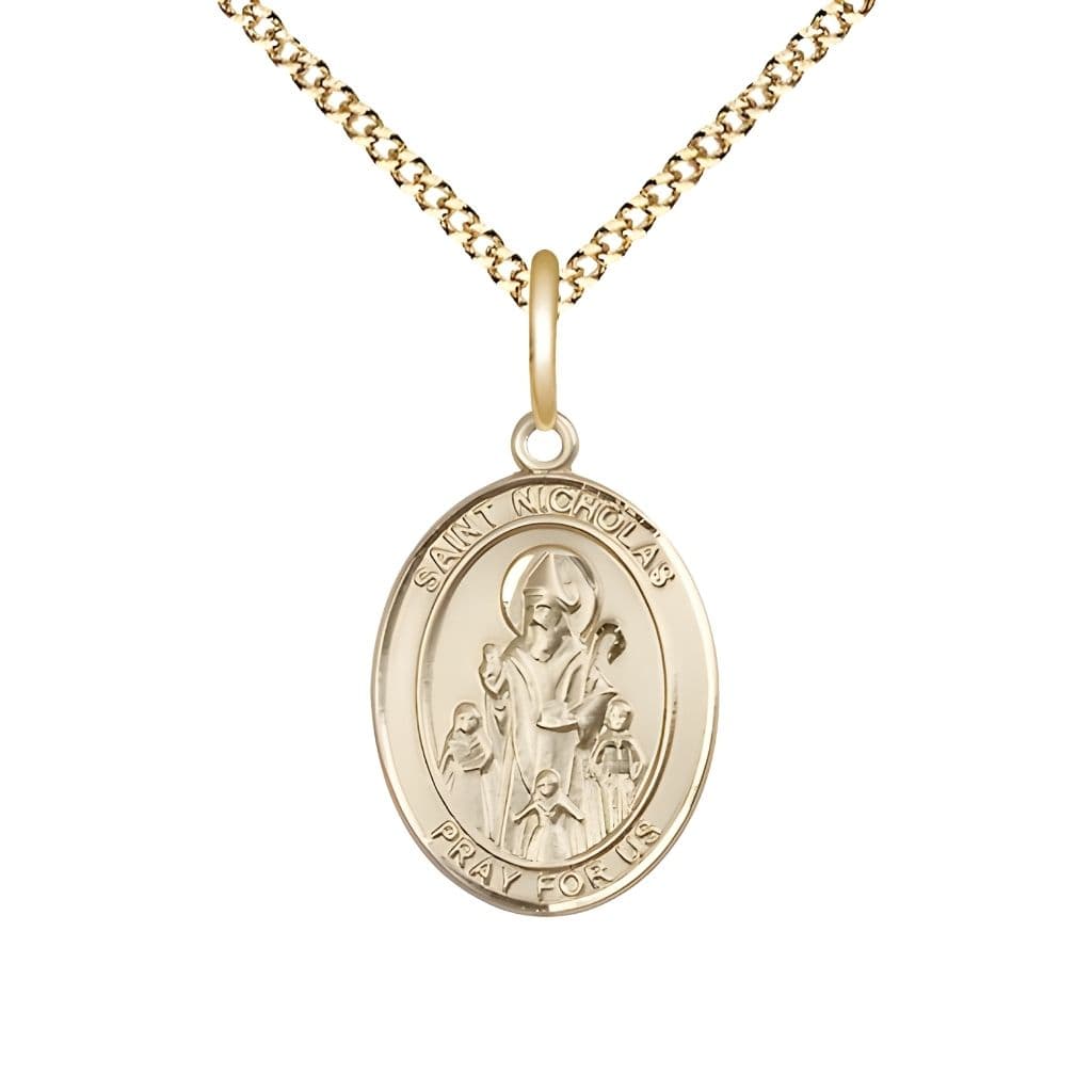 Bliss St. Nicholas 14kt Gold-plated Engravable Medal Engravable Medal Necklace with Gold-filled Chain, Measures 3/4" tall x 1/2" wide