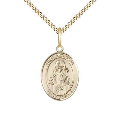 St. Nicholas 14kt Gold-plated Engravable Medal Engravable Medal Necklace with Gold-filled Chain, Measures 3/4" tall x 1/2" wide, Bliss Manufacturing