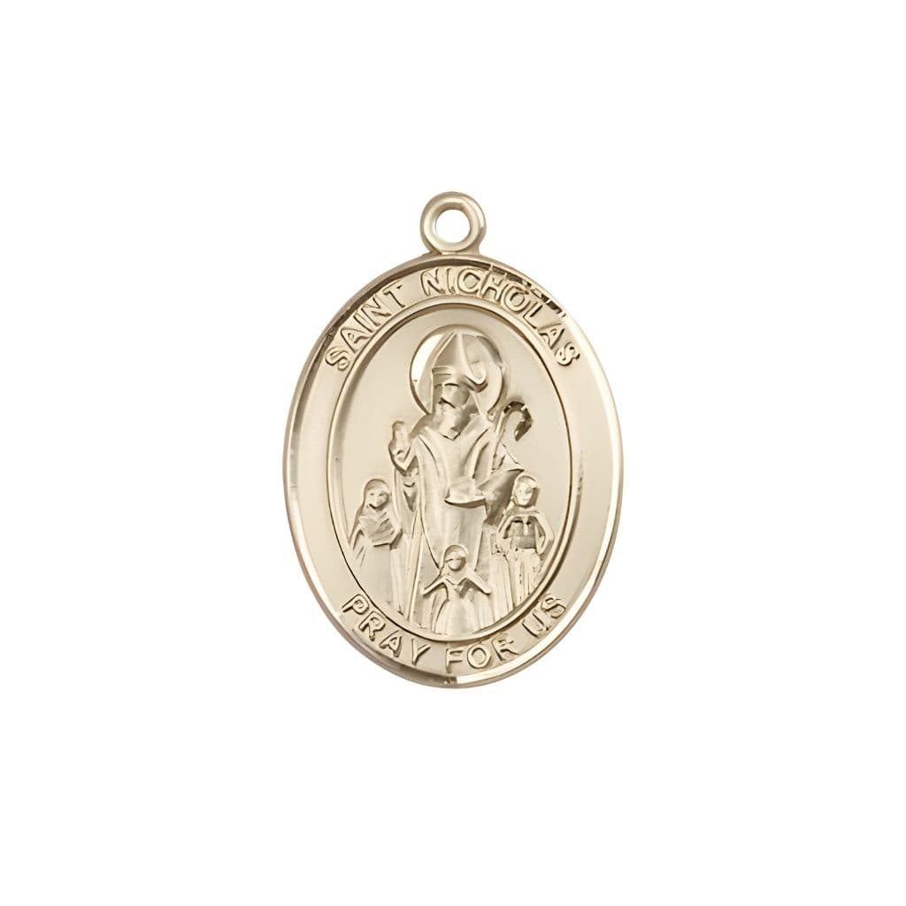 Bliss St. Nicholas 14kt Gold Engravable Medal Engravable Medal, Measures 3/4" tall x 1/2" wide