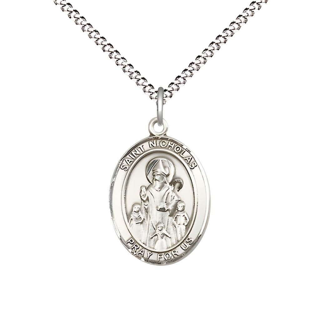 St. Nicholas Pewter Engravable Medal Necklace with Plated Chain, Measures 3/4" tall x 1/2" wide