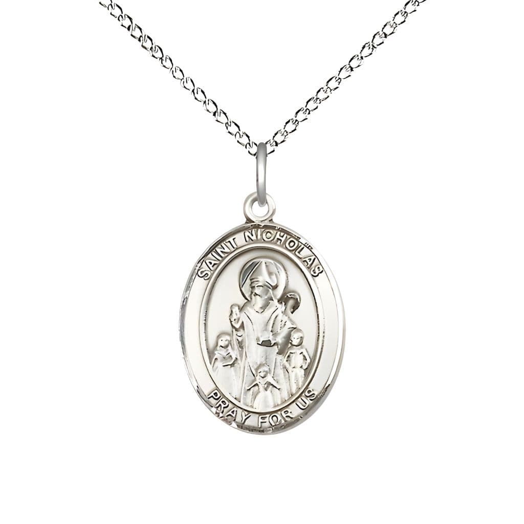 St. Nicholas Sterling Silver Engravable Medal Necklace with Sterling Chain, Measures 3/4" tall x 1/2" wide
