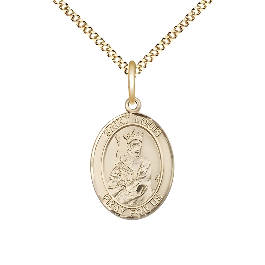 Bliss St. Louis IX of France 14kt Gold-filled Oval Medal Pendant with Gold-plated Chain, Measures 3/4-inch tall by 1/2-inch wide.