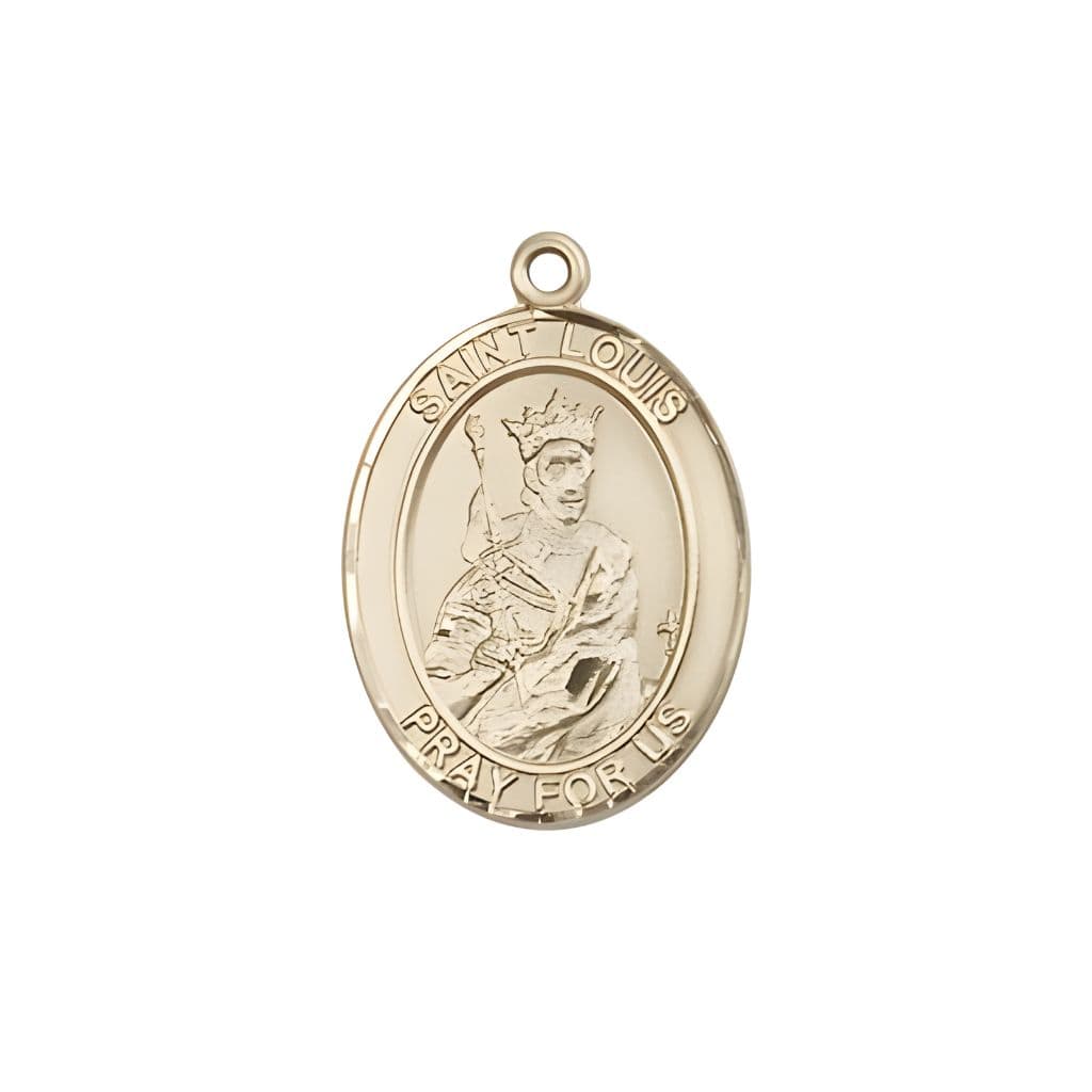 Bliss St. Louis IX of France 14kt Gold Oval Medal Pendant, Measures 3/4-inch tall by 1/2-inch wide.
