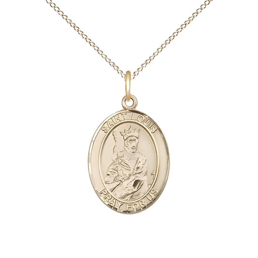 Bliss St. Louis IX of France 14kt Gold Oval Medal Pendant with 14kt Gold Chain, Measures 3/4-inch tall by 1/2-inch wide.