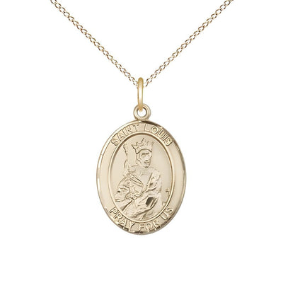St. Louis IX of France 14kt Gold Oval Medal Pendant with 14kt Gold Chain, Measures 3/4-inch tall by 1/2-inch wide, Bliss Manufacturing