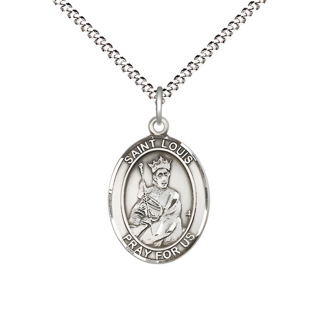 Bliss St. Louis IX of France Pewter Oval Medal Pendant with Rhodium-plated Chain, Measures 3/4-inch tall by 1/2-inch wide.