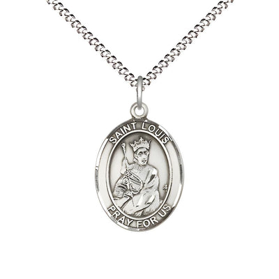 St. Louis IX of France Pewter Oval Medal Pendant with Rhodium-plated Chain, Measures 3/4-inch tall by 1/2-inch wide, Bliss Manufacturing