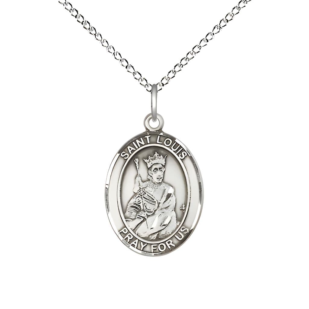 Bliss St. Louis IX of France Sterling Silver Oval Medal Pendant with Sterling Chain, Measures 3/4-inch tall by 1/2-inch wide.