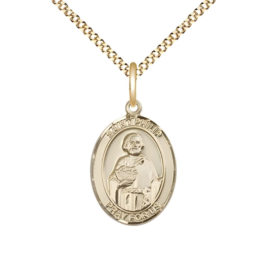 Bliss St. Philip the Apostle 14kt Gold-filled Oval Medal Pendant with Gold-plated Chain, Measures 3/4-inch tall by 1/2-inch wide. Deluxe Gift Box.