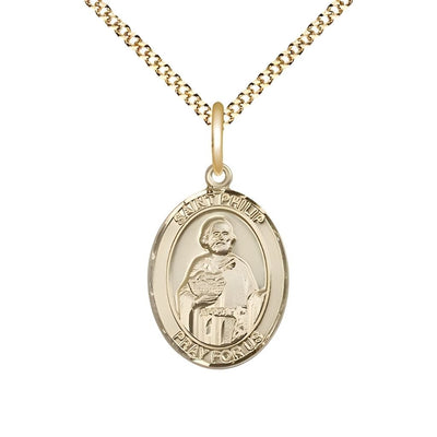 St. Philip the Apostle 14kt Gold-filled Oval Medal Pendant with Gold-plated Chain, Measures 3/4-inch tall by 1/2-inch wide. Deluxe Gift Box, Bliss Manufacturing