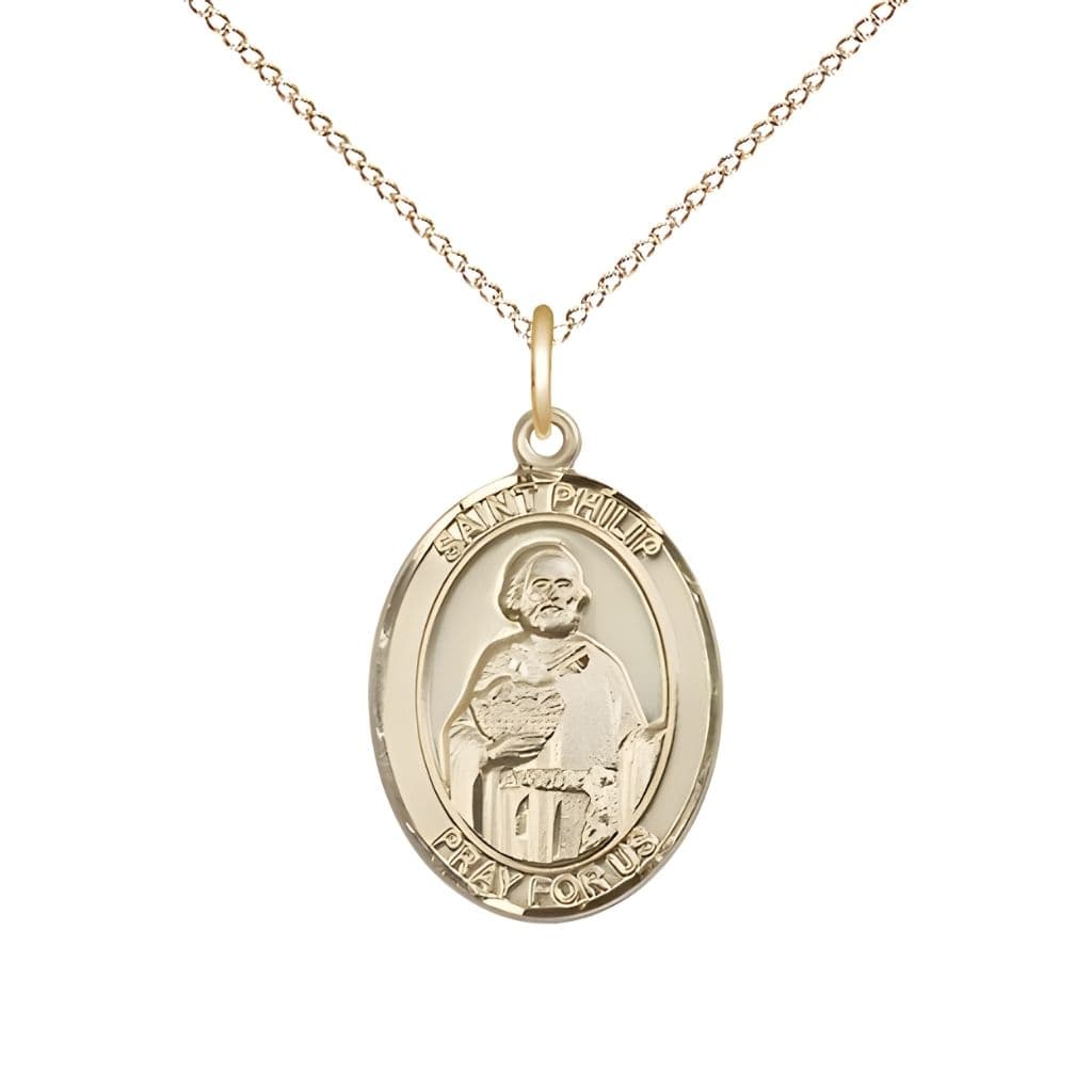 Bliss St. Philip the Apostle 14kt Gold-filled Oval Medal Pendant with Gold-filled Chain, Measures 3/4-inch tall by 1/2-inch wide. Deluxe Gift Box.
