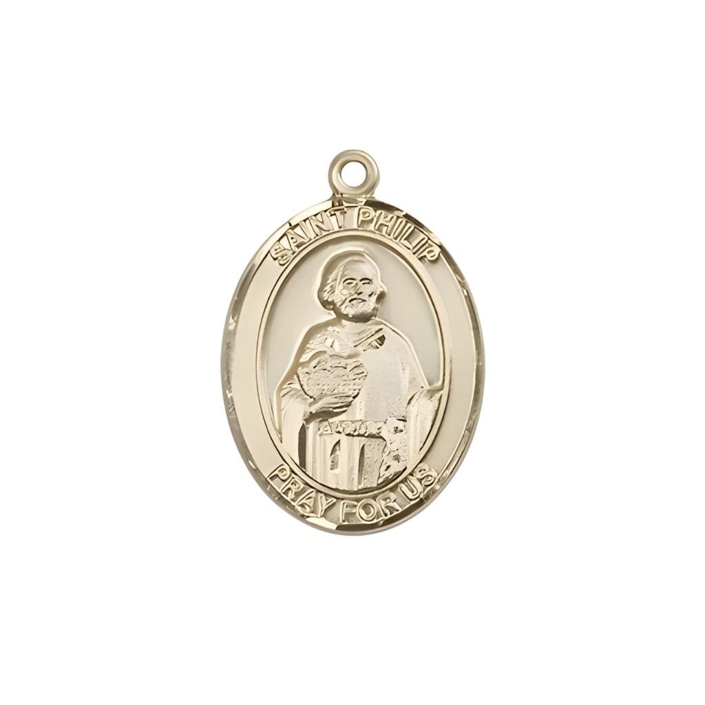 Bliss St. Philip the Apostle 14kt Gold Oval Medal Pendant, Measures 3/4-inch tall by 1/2-inch wide. Deluxe Gift Box.