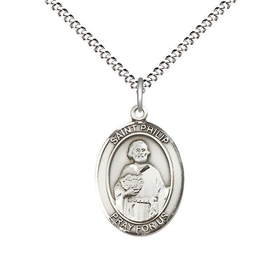 St. Philip the Apostle Sterling Silver Oval Medal Pendant with Rhodium-plated Chain, Measures 3/4-inch tall by 1/2-inch wide. Deluxe Gift Box, Bliss Manufacturing