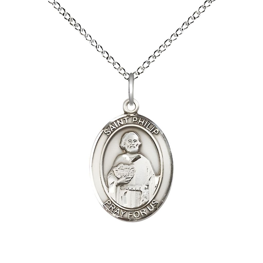 Bliss St. Philip the Apostle Sterling Silver Oval Medal Pendant with Sterling Silver Chain, Measures 3/4-inch tall by 1/2-inch wide. Deluxe Gift Box.