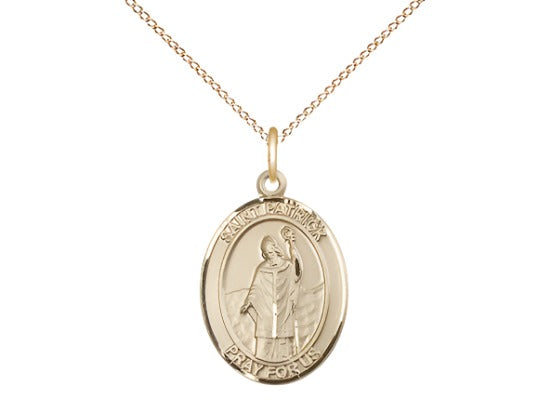 Medium Bliss 14kt Gold St Patrick Pendant on a 18 inch 14kt Gold Light Curb Chain,