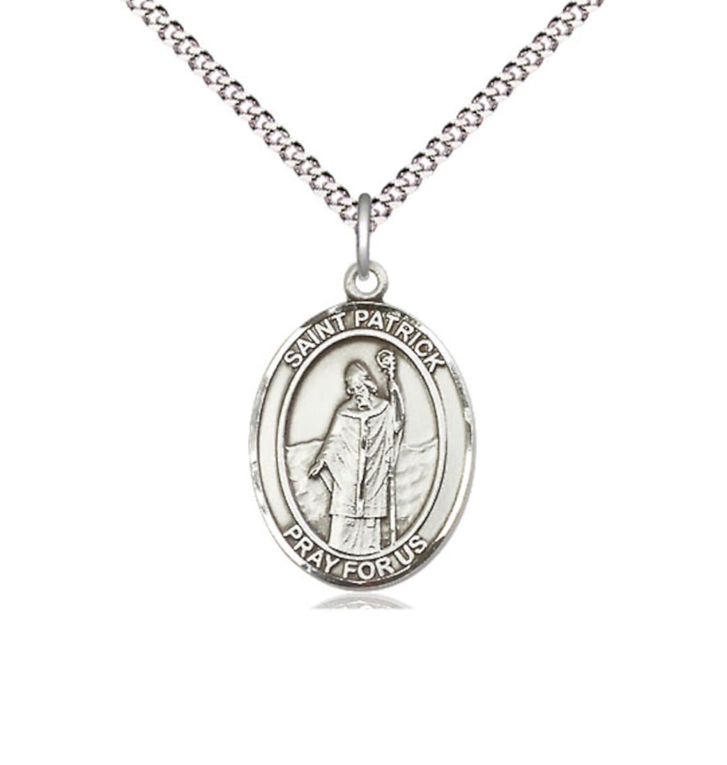 Medium Bliss Pewter St Patrick Pendant on a 18 inch Light Rhodium-plated Light Curb Chain,