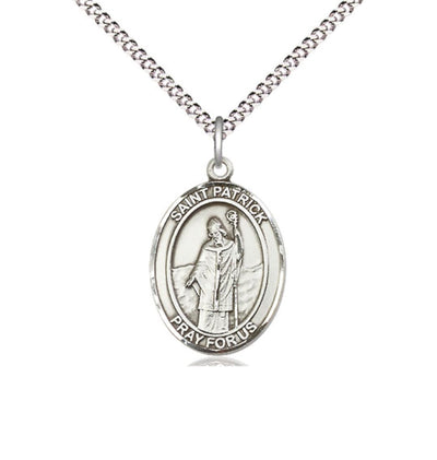 Medium Pewter St Patrick Pendant on a 18 inch Light Rhodium-plated Light Curb Chain, Bliss Manufacturing