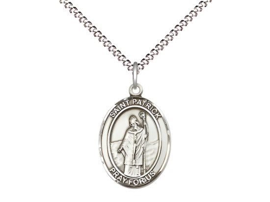 Bliss Medium Sterling Silver St Patrick Pendant on a 18 inch Light Rhodium Light Curb Chain,