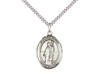 Medium Sterling Silver St Patrick Pendant on a 18 inch Light Rhodium Light Curb Chain, Bliss Manufacturing