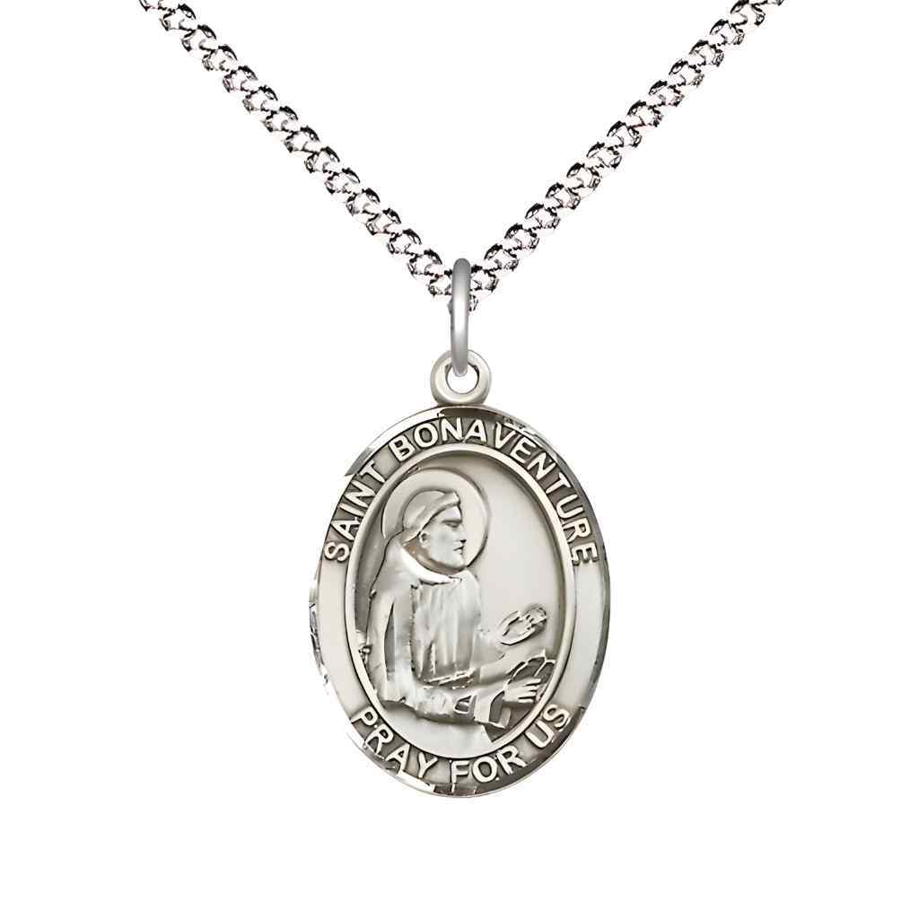 Medium Saint Bonaventure Pewter Oval Medal Pendant with 18" Rhodium-plated Curb Chain in Deluxe Gift Box | Bliss Manufacturing