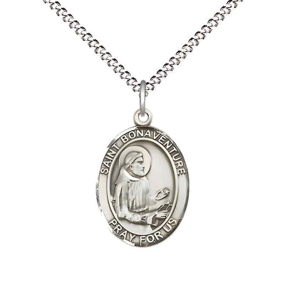 Medium Saint Bonaventure Pewter Oval Medal Pendant with 18" Rhodium-plated Curb Chain in Deluxe Gift Box | Bliss Manufacturing