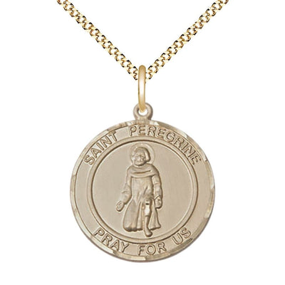 St. Peregrine Laziosi 14kt Gold-filled Round Medal Pendant with Gold-plated Chain, Measures 3/4-inch tall by 5/8-inch wide. Deluxe Gift Box, Bliss Manufacturing