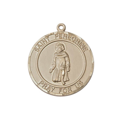 St. Peregrine Laziosi 14kt Gold Round Medal Pendant, Measures 3/4-inch tall by 5/8-inch wide. Deluxe Gift Box, Bliss Manufacturing