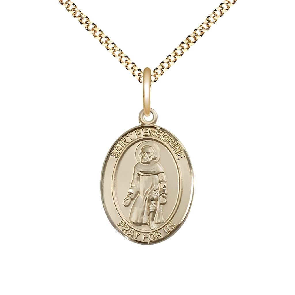 Bliss St. Peregrine Laziosi 14kt Gold-filled Oval Medal Pendant with Gold-plated Chain, Measures 3/4-inch tall by 1/2-inch wide. Deluxe Gift Box.