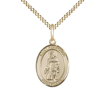 St. Peregrine Laziosi 14kt Gold-filled Oval Medal Pendant with Gold-plated Chain, Measures 3/4-inch tall by 1/2-inch wide. Deluxe Gift Box, Bliss Manufacturing
