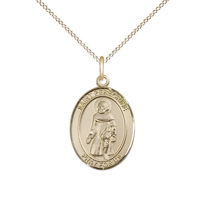 St. Peregrine Laziosi 14kt Gold-filled Oval Medal Pendant with Gold-filled Chain, Measures 3/4-inch tall by 1/2-inch wide. Deluxe Gift Box, Bliss Manufacturing