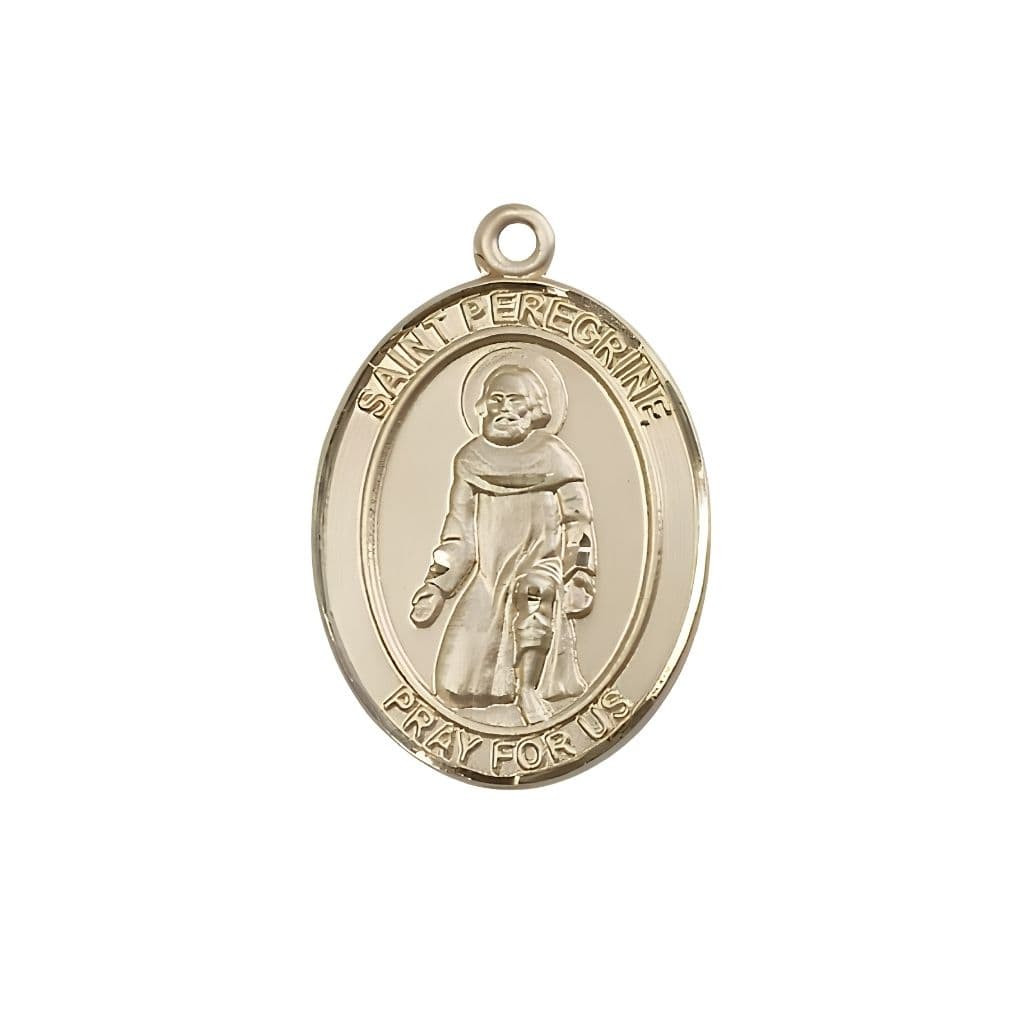 Bliss St. Peregrine Laziosi 14kt Gold Oval Medal Pendant, Measures 3/4-inch tall by 1/2-inch wide. Deluxe Gift Box.