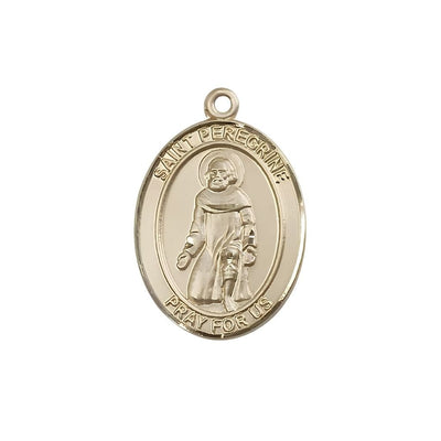 St. Peregrine Laziosi 14kt Gold Oval Medal Pendant, Measures 3/4-inch tall by 1/2-inch wide. Deluxe Gift Box, Bliss Manufacturing