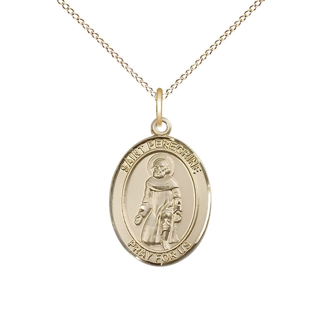 Bliss St. Peregrine Laziosi 14kt Gold Oval Medal Pendant with 14kt Gold Chain, Measures 3/4-inch tall by 1/2-inch wide. Deluxe Gift Box.