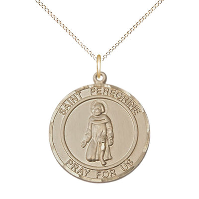 St. Peregrine Laziosi 14kt Gold-filled Round Medal Pendant with Gold-filled Chain, Measures 3/4-inch tall by 5/8-inch wide. Deluxe Gift Box, Bliss Manufacturing