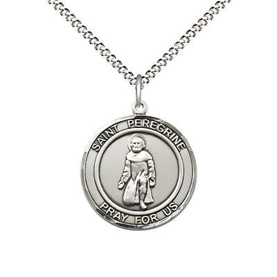 St. Peregrine Laziosi Pewter Round Medal Pendant with Rhodium-plated Chain, Measures 3/4-inch tall by 5/8-inch wide. Deluxe Gift Box, Bliss Manufacturing