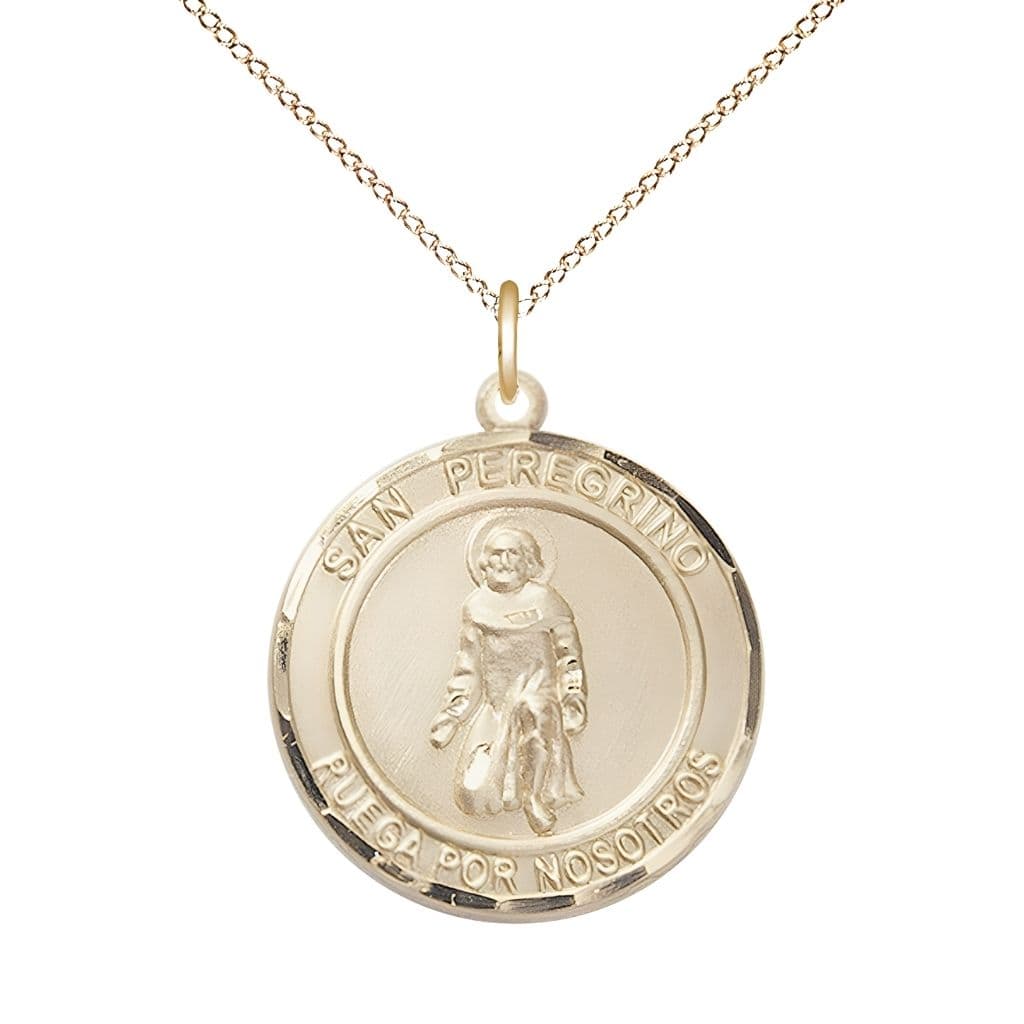 Bliss San Peregrino 14kt Gold-filled Round Medal Pendant with Gold-filled Chain, Measures 3/4-inch tall by 5/8-inch wide. Deluxe Gift Box.