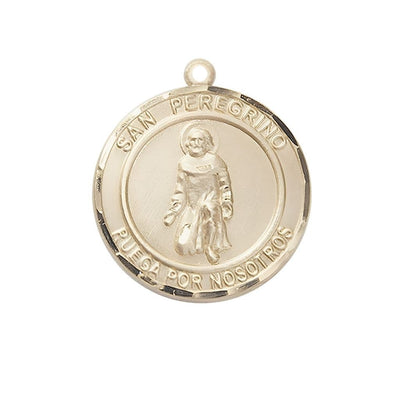 San Peregrino 14kt Gold Round Medal Pendant, Measures 3/4-inch tall by 5/8-inch wide. Deluxe Gift Box, Bliss Manufacturing