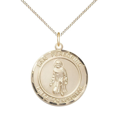 San Peregrino 14kt Gold Round Medal Pendant with 14kt Gold Chain, Measures 3/4-inch tall by 5/8-inch wide. Deluxe Gift Box, Bliss Manufacturing