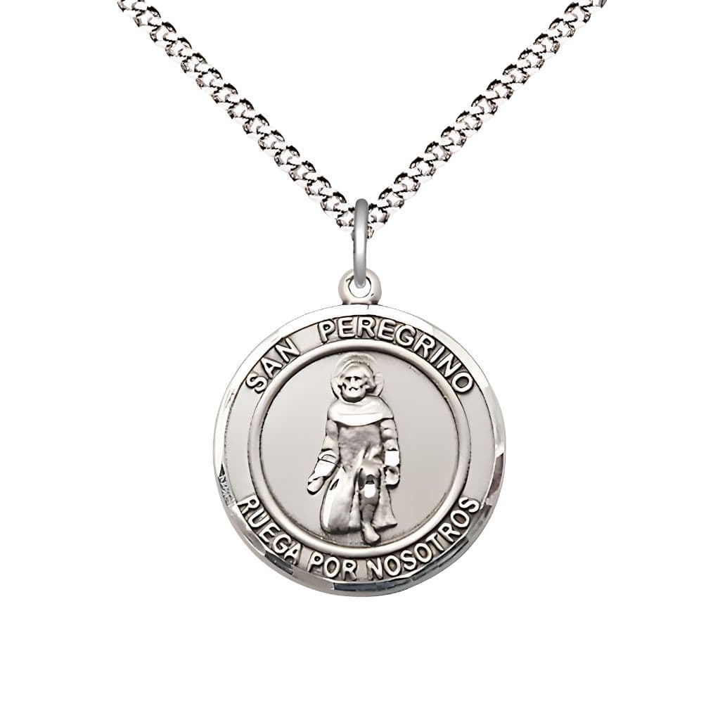 Bliss San Peregrino Pewter Round Medal Pendant with Rhodium-plated Chain, Measures 3/4-inch tall by 5/8-inch wide. Deluxe Gift Box.