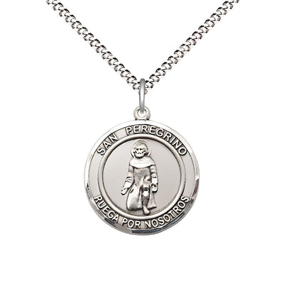 San Peregrino Sterling Silver Round Medal Pendant with Rhodium-plated Chain, Measures 3/4-inch tall by 5/8-inch wide. Deluxe Gift Box, Bliss Manufacturing