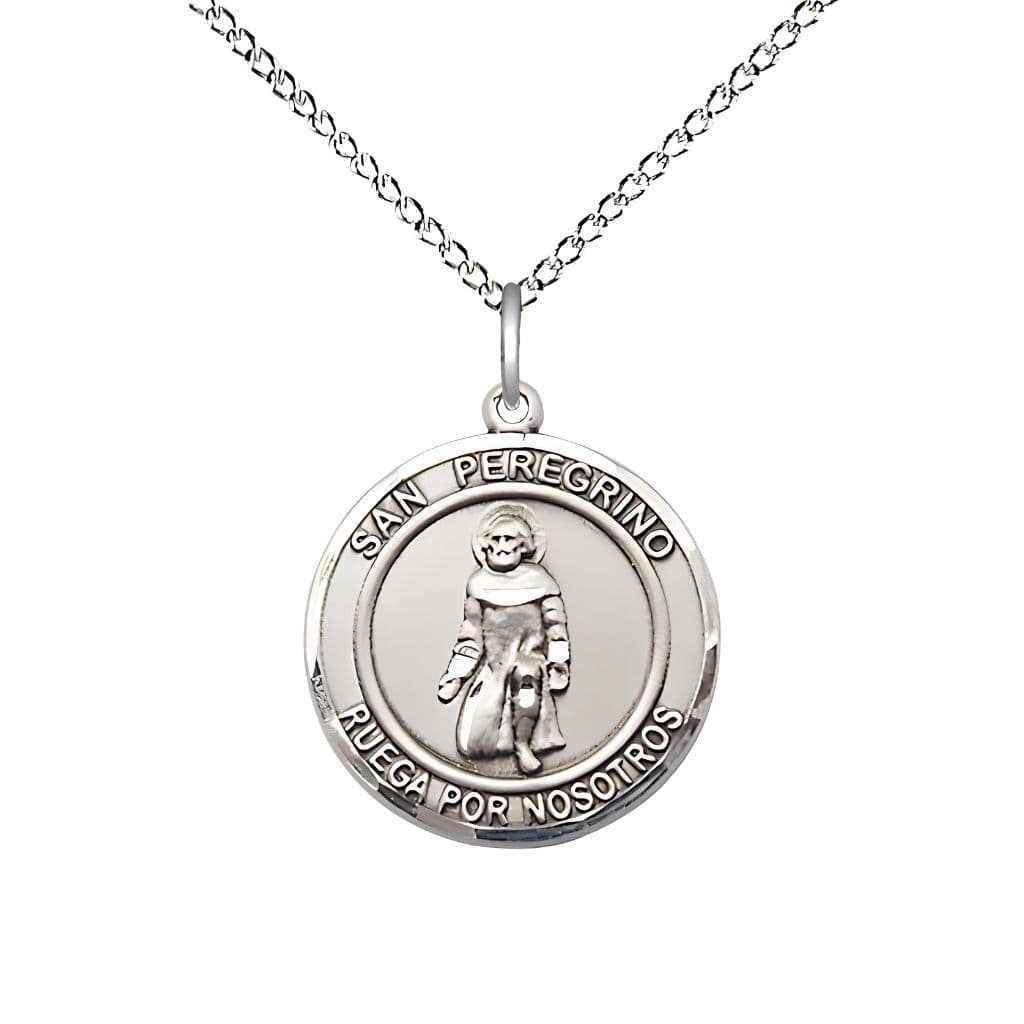 Bliss San Peregrino Sterling Silver Round Medal Pendant with Sterling Silver Chain, Measures 3/4-inch tall by 5/8-inch wide. Deluxe Gift Box.