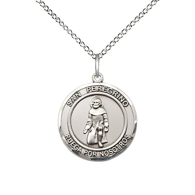 San Peregrino Sterling Silver Round Medal Pendant with Sterling Silver Chain, Measures 3/4-inch tall by 5/8-inch wide. Deluxe Gift Box, Bliss Manufacturing