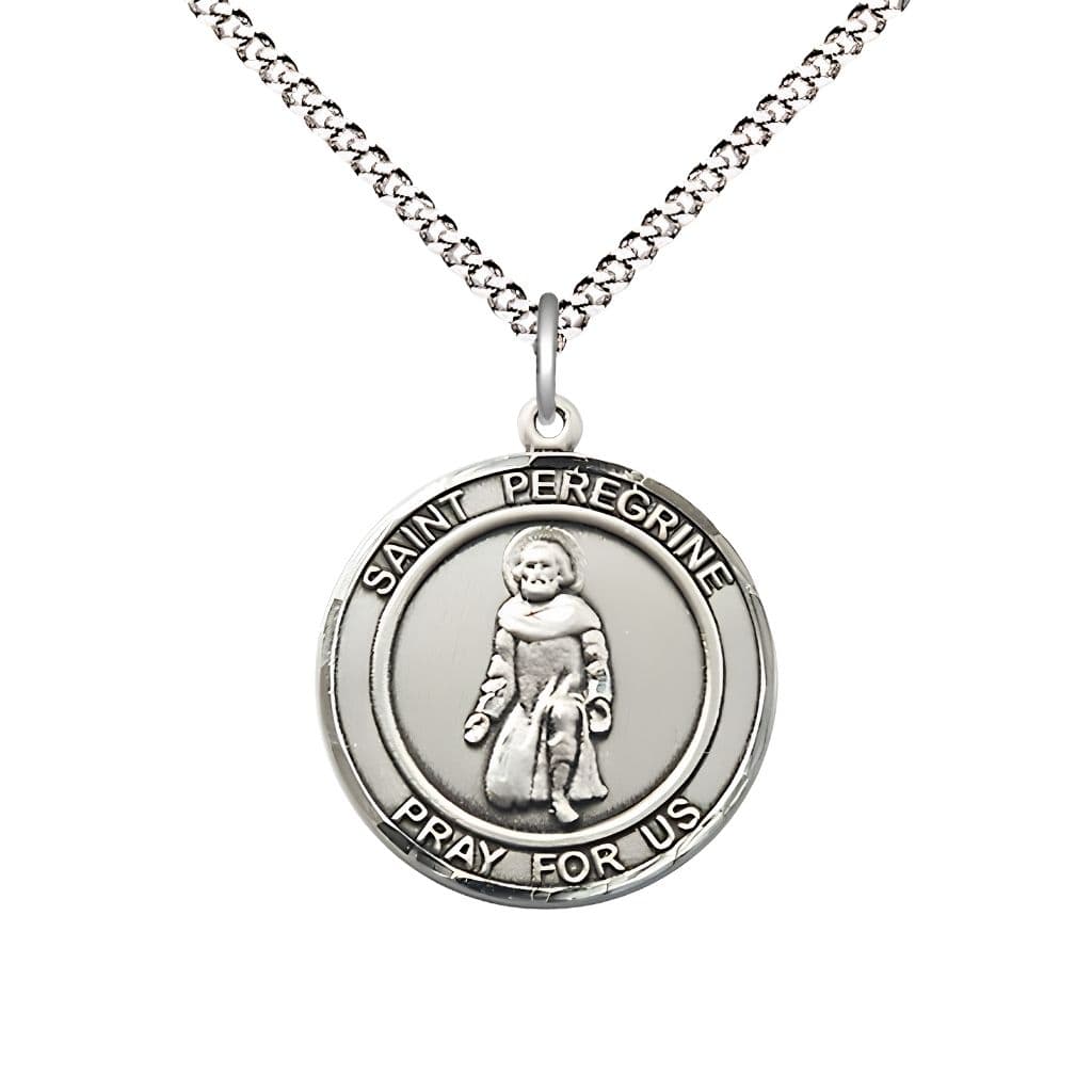 Bliss St. Peregrine Laziosi Sterling Silver Round Medal Pendant with Rhodium-plated Chain, Measures 3/4-inch tall by 5/8-inch wide. Deluxe Gift Bo