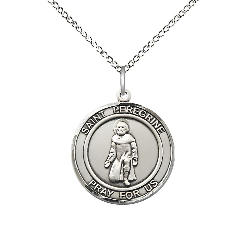 Bliss St. Peregrine Laziosi Sterling Silver Round Medal Pendant with Sterling Silver Chain, Measures 3/4-inch tall by 5/8-inch wide. Deluxe Gift Bo