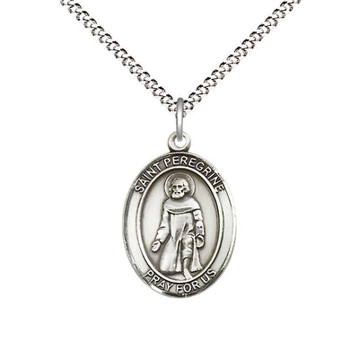 St. Peregrine Laziosi Sterling Silver Oval Medal Pendant with Rhodium-plated Chain, Measures 3/4-inch tall by 1/2-inch wide. Deluxe Gift Box, Bliss Manufacturing