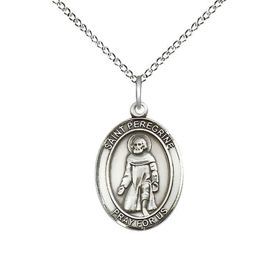 St. Peregrine Laziosi Sterling Silver Oval Medal Pendant with Sterling Silver Chain, Measures 3/4-inch tall by 1/2-inch wide. Deluxe Gift Box, Bliss Manufacturing
