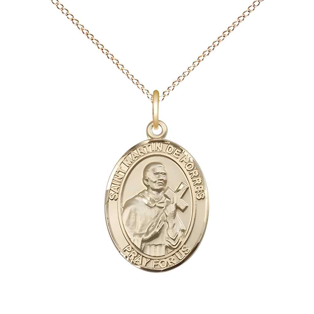 Medium Saint Martin de Porres 14kt Gold Oval Medal Pendant with 14kt Gold Curb Chain in Deluxe Gift Box | Bliss Manufacturing