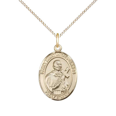 Medium Saint Martin de Porres 14kt Gold Oval Medal Pendant with 14kt Gold Curb Chain in Deluxe Gift Box | Bliss Manufacturing