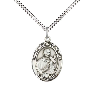 Medium Saint Martin de Porres Pewter Oval Medal Pendant with Rhodium-plated Curb Chain in Deluxe Gift Box | Bliss Manufacturing