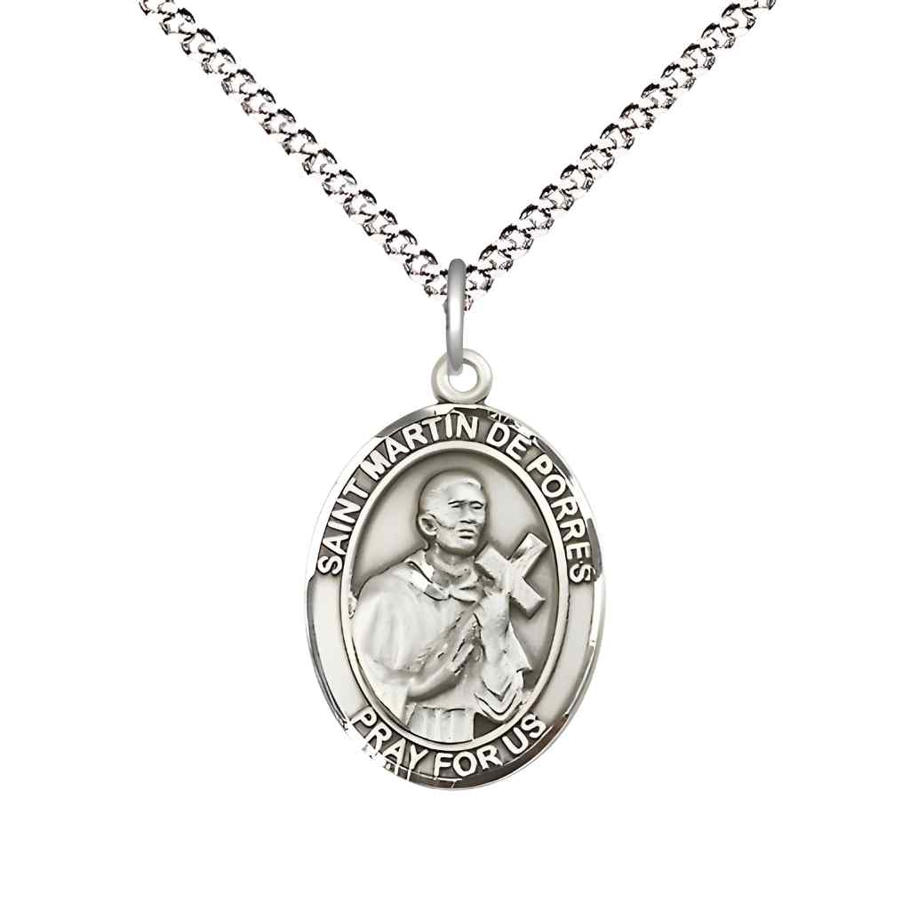 Medium Saint Martin de Porres Sterling Silver Oval Medal Pendant with Rhodium-plated Curb Chain in Deluxe Gift Box | Bliss Manufacturing